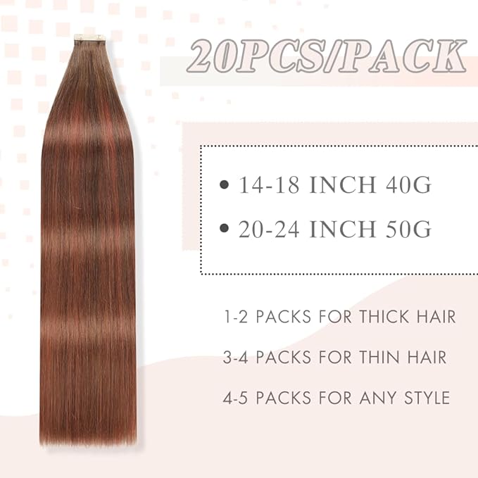 Tape in Hair Extensions Human Hair Chocolate Brown to Auburn Brown Remy Hair Extensions 20pcs 14 Inch Straight Invisible Human Hair Tape in Extensions Skin Weft Tape Extensions (#4/33/4,14 Inch)