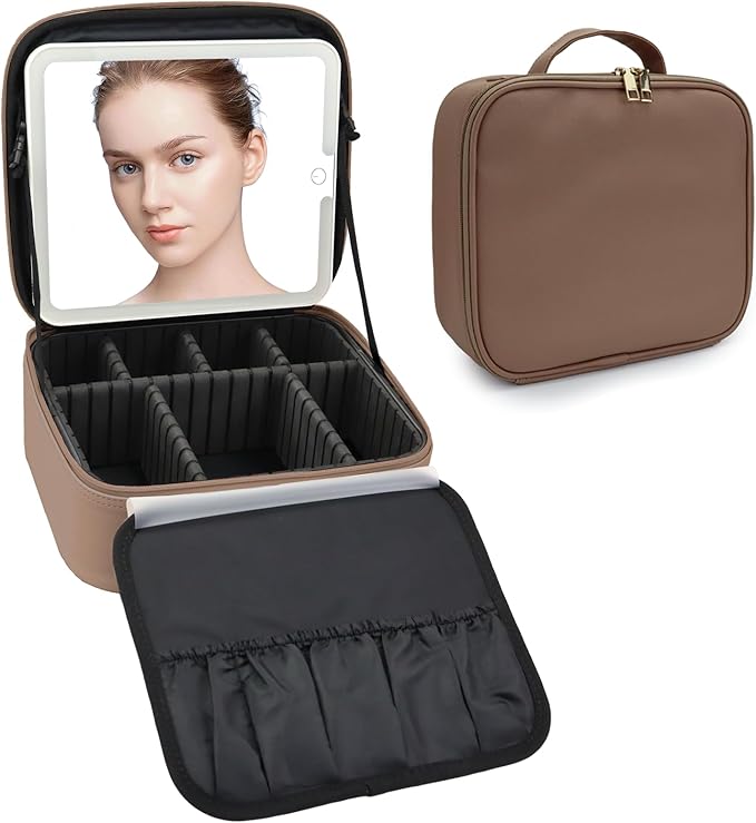 SLUMAZI Travel Makeup Bag with LED Mirror Travel Makeup Organizer with 3 Lighted Settings, Adjustable Dividers and Makeup Brush Storage Bag Mocha