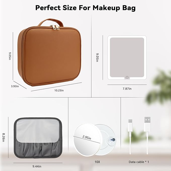 SLUMAZI Travel Makeup Bag with LED Mirror and 10x magnifying glass with 3 Lighted Settings, Adjustable Dividers and Makeup Brush Storage Bag Caramel
