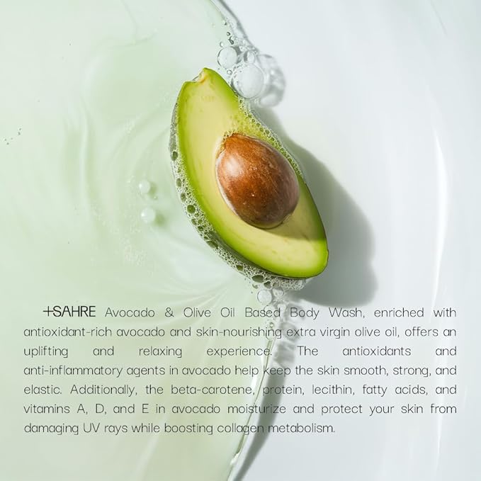 +SAHRE Natural Body Wash – Olive Oil & Avocado | Antioxidant-Rich | Vegan, Paraben-Free | 13.5 fl oz