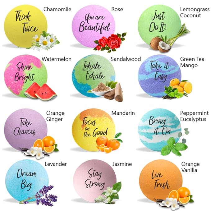 Valentines Bath Bombs for Women Relaxing with Inspirational Messages, 12 Natural and Organic BathBombs with Essential Oils & Skin Moisturizing Shea Butter. Gift for Wife, Girlfriend, Her