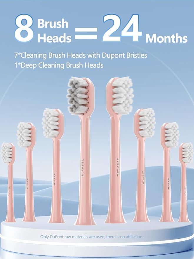 7MAGIC Sonic Electric Toothbrush for Adults and Kids - Up to 180 Days Runtime, 42000 VPM Powered Toothbrush, 5 Modes & 3 Intensities for Sensitive Teeth & Braces, Includes 8 Brush Heads, Pink