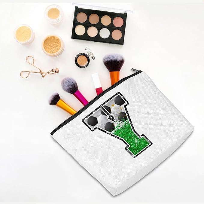 CQM Soccer Gifts Initial Makeup Bag Monogrammed Cosmetic Bag Letter Y Zipper Pouch Soccer Accessories for Girls Women Soccers Player Coaches Friend Soccers Stuff Graduation Birthday Gifts