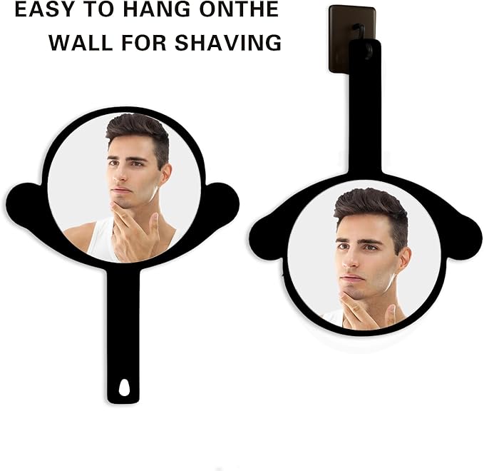 Handheld Mirror, Large + Small 2-Pcs Compact Hand Mirrors With Handle , Bathroom, Salon Barber Mirrors & Makeup, Travel, Pocket-Sized Mirror, Hanging, Hand Mirror for Men (Black, 7.09" Lx 9.06" W)