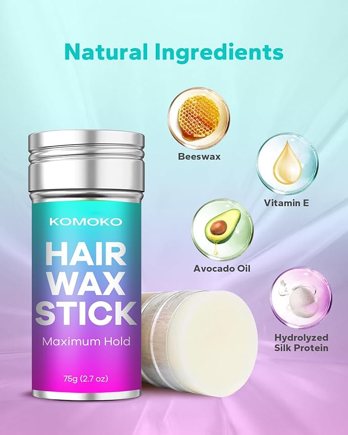 Komoko Hair Wax Stick (2.7 oz), Wax Stick for Hair, Slick Stick for Hair Edge Control, Hair Stick Wax for Flyaways, Frizz Hair, Wigs, Non-Greasy Hair Styling Products, Fly Away Hair Tamer Stick