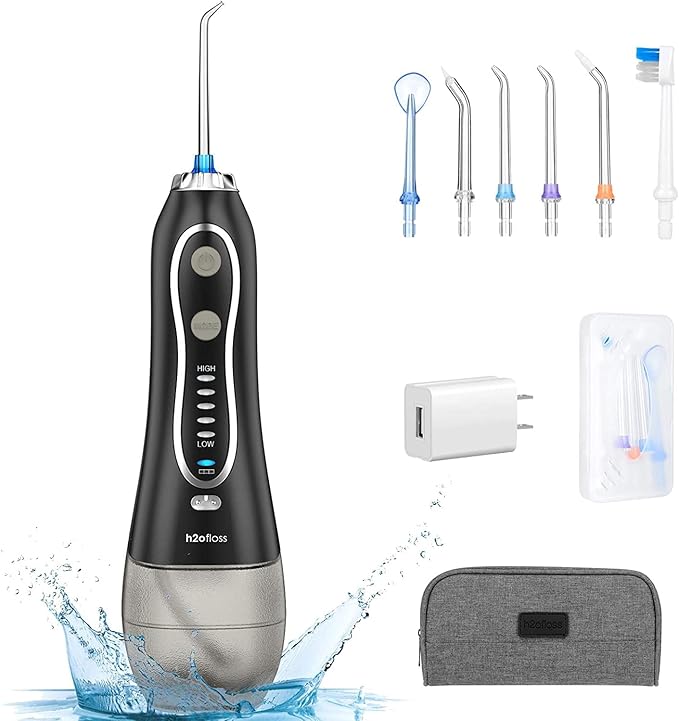 H2ofloss Water Flosser Portable Dental Oral Irrigator with 5 Modes, 6 Replaceable Jet Tips, Rechargeable Waterproof Teeth Cleaner for Home and Travel -300ml Detachable Reservoir Black