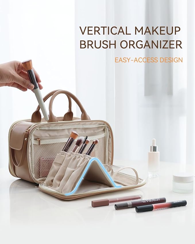 Prite Travel Makeup Bag Women’s Large Capacity Waterproof Cosmetic Organizer Portable Open Flat Toiletry Case with Free-standing Brush Holder and Handle(Beige Brown Medium)