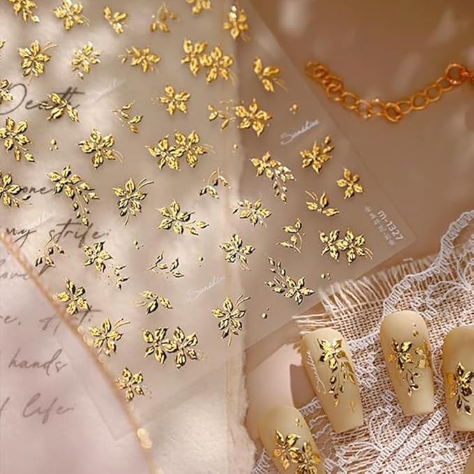 Gold Flower Nail Art Stickers 5D Embossed Spring Nail Stickers for Nail Art Summer Gold Nail Decals Flower Nail Art Design Supplies for Women Girl Spring DIY Manicure Decoration Accessories