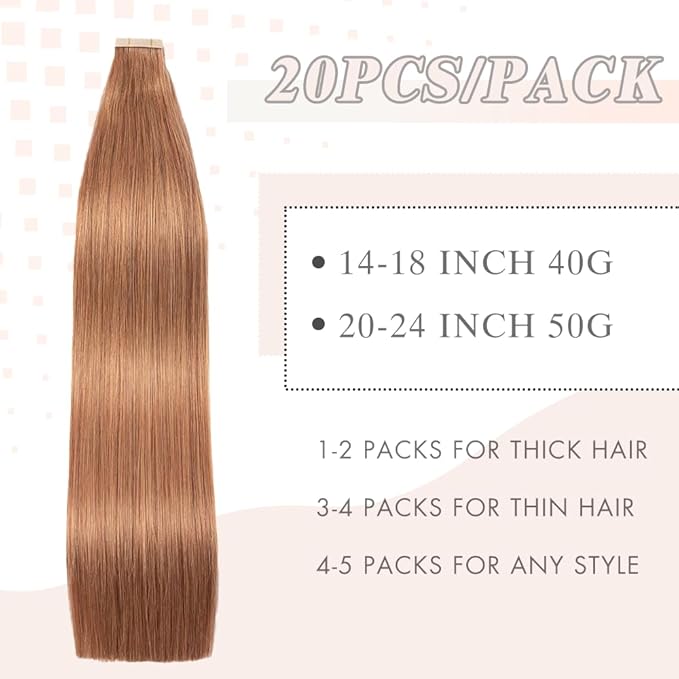 Tape in Hair Extensions Human Hair 20pcs Remy Hair Extensions 18 Inch Light Brown Straight Invisible Human Hair Tape in Extensions Skin Weft Tape Extensions Human Hair (30#,18 Inch)