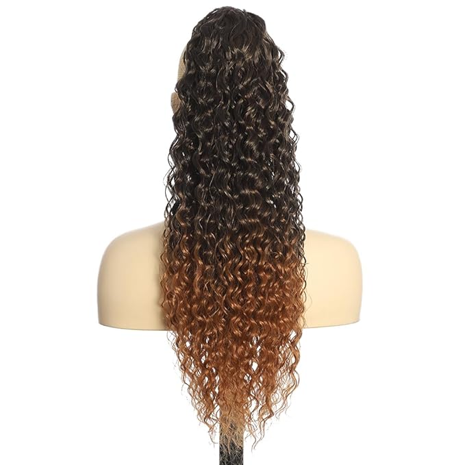 Deep Wave Ponytail Extension for Women 24 Inch Black to Brown Curly Wavy Ponytail Hair Extensions Drawstring with Clips Short Synthetic Hairpiece for Daily and Party