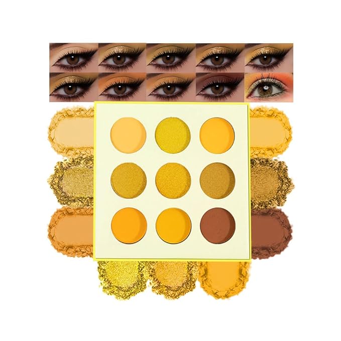 9-Color Yellow Gold Eyeshadow Palette–High Pigment Matte Shimmer Glitter Eyeshadow Palette in Warm Orange, Lemon & Brown Shades,Long-Lasting Waterproof, Blendable for Creative & Everyday Looks