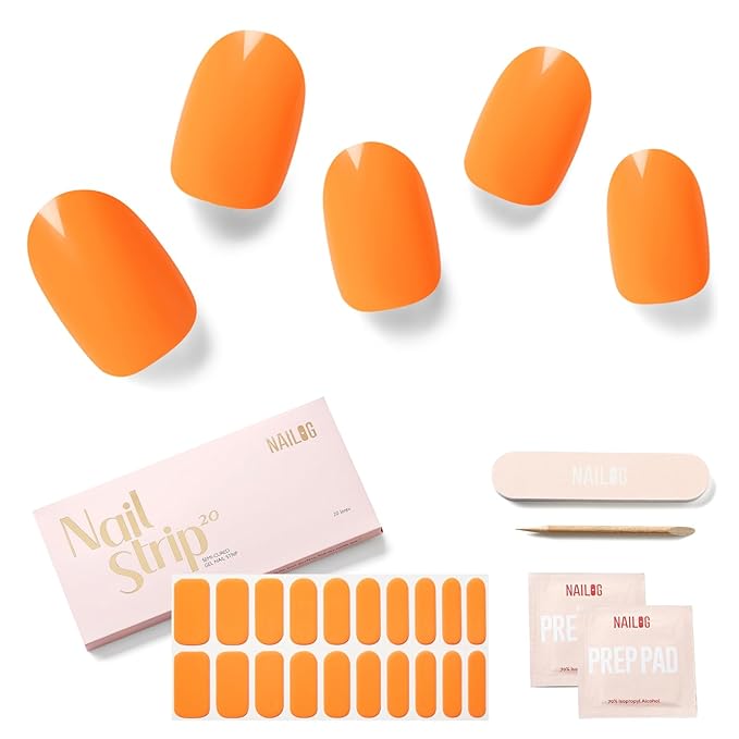 Semi Cured Gel Nail Strips - NAILOG 20 Pcs Orange Gel Nail Stickers Extra Long Nail Wraps with Glossy Gel Finishing for Spring Summer, Orange Bomb