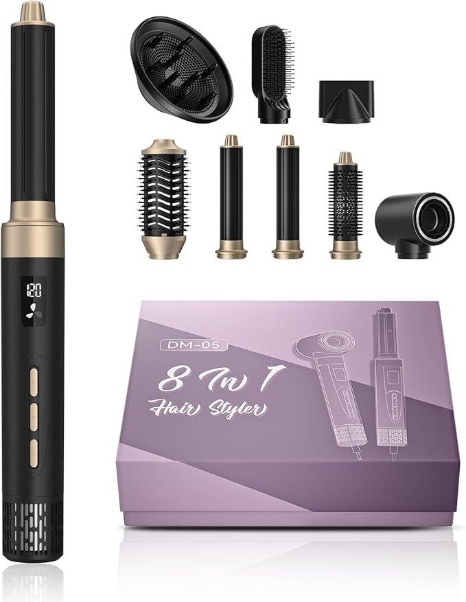 8 in 1 Hair Dryer Brush with Auto‑Curl Chamber – Hot Air Styler & Volumizer, Hair Styler & Dryer in One, Ceramic Ionic Barrel, LCD Temp & Airflow Display