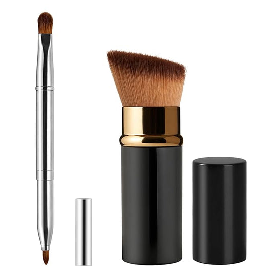 Lip Brush Kabuki Makeup Brush Set, Dual-ended Lip Brushes for Lipstick + All-in-One Foundation Kabuki Brush, Retractable Makeup Brush with Cover for Lip Gloss, Powder Blush, Flawless Cosmetics(Silver)