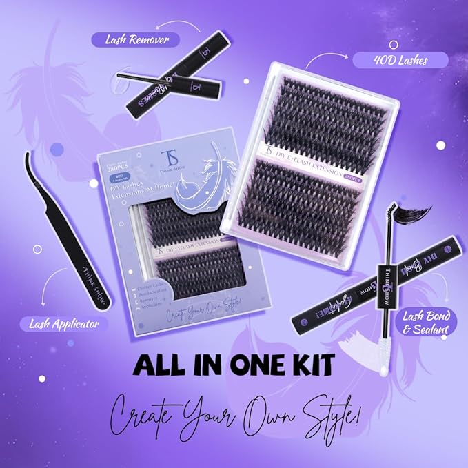 THINK SHOW Lash Clusters Kit 40D 9-16mm 280pcs Natural Eyelash Extension Kit with Bond and Seal,Tweezers,Remover Individual Lashes Clusters for Beginners and Self Use (40D)