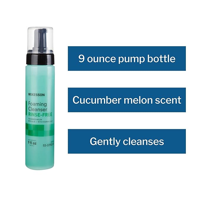 McKesson Rinse-Free Foam Cleanser with Aloe, 9 oz [12 Count] Vitamin A and E - Body Wash & Shampoo for Elderly, Hospital Grade, Cucumber Melon