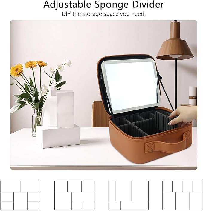 SLUMAZI Travel Makeup Bag with LED Mirror Travel Makeup Organizer with 3 Lighted Settings, Adjustable Dividers and Makeup Brush Storage Bag Orange-Brown