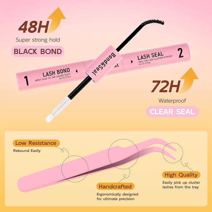 QUEWEL Lash Clusters Kit, 280 Pcs Lash Clusters 40D 12-18mm Thin Band Lashes Clusters Natural Look Eyelash Extension Kit With Lashes Bond Seal Eyelashes Tweezers (LSTZ-40D)