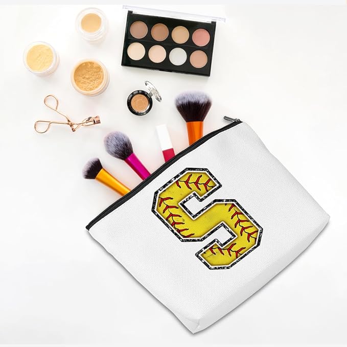 CQM Softball Gifts Initial Makeup Bag Monogrammed Cosmetic Bag Letter S Zipper Pouch Softball Accessories for Girls Women Player Coaches Friend Graduation Birthday Gifts