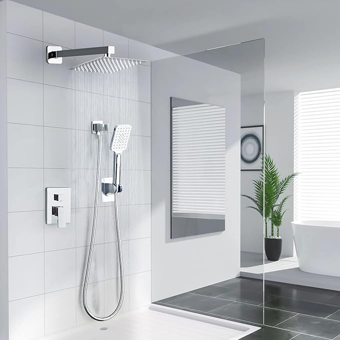LCEVCGK Shower System, Shower Faucet Set Complete Square Rain Shower Combo Set with 8 inch Rainfall Shower Head System Bathroom Wall Mounted 3-Setting Handheld Shower,Chrome