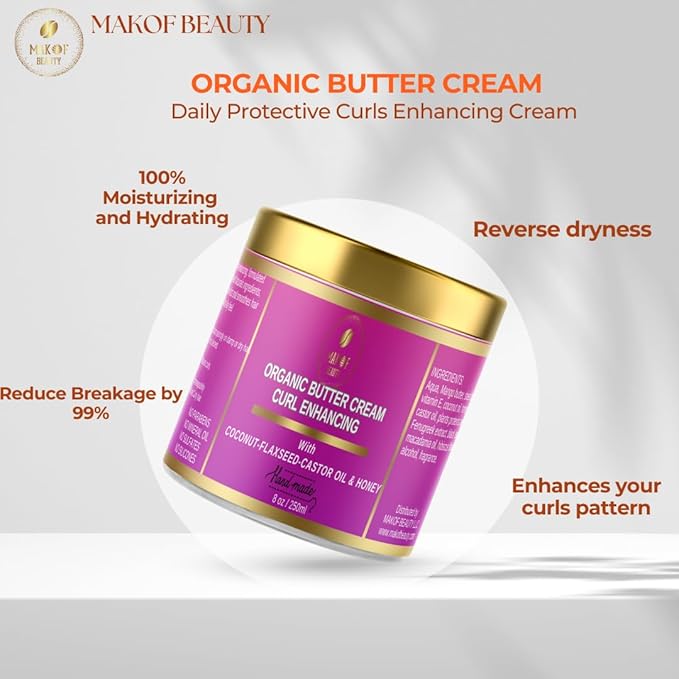 Organic Coconut Curl Enhancing Cream with Flaxseed, Black Castor Oil. Curls Detangler, Moisture-rich, Curl Revival Cream. Anti-Frizz, Defines All Curl Types & textures. Sulfate & Parabens free. 8 oz