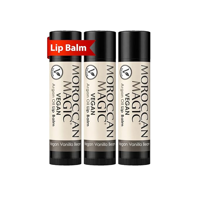 Moroccan Magic Vegan Vanilla Lip Balm 3 Pack | Ultra-Hydrating Argan & Essential Oil Lip Moisturizer + Vitamin E | Natural Chapstick for Dry Lips | Smooth, Non-Toxic | Organic Lip Balm