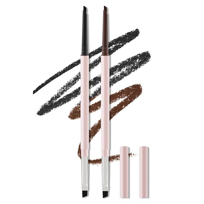 Dual-Ended Eyeliner + Brush, Waterproof Black Brown Eyeliner Pencil for Woman, Smudge-Proof Long-Lasting Wear Eye Makeup 2-Pack