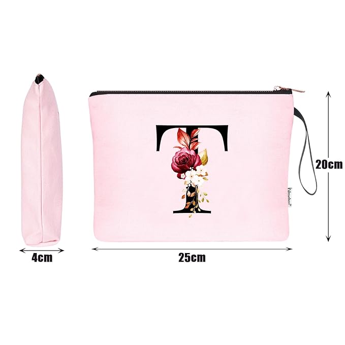 Vavabox A-Z Personalized Makeup Bag, Birthday Gifts for Women Mom, Gifts for Best Friend, Bride Bridesmaid Cosmetic bag (T, Pink)
