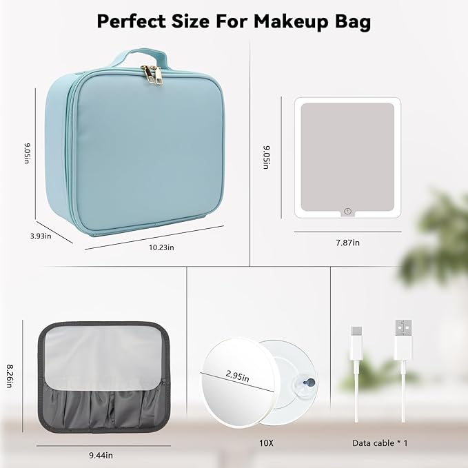 SLUMAZI Travel Makeup Bag with LED Mirror and 10x magnifying glass with 3 Lighted Settings, Adjustable Dividers and Makeup Brush Storage Bag Light Blue