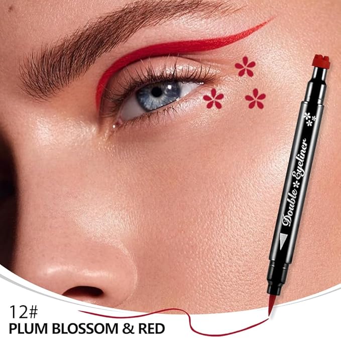 BINGBRUSH Double-head Liquid Star Eyeliner Red Stamp Pencil, Colors Flowers Heart Moon Shapes Face Stamps Makeup Colorful Waterproof Slim Gel Felt Tip High Pigment Liquid Eyeliner (12#Flower&Red)