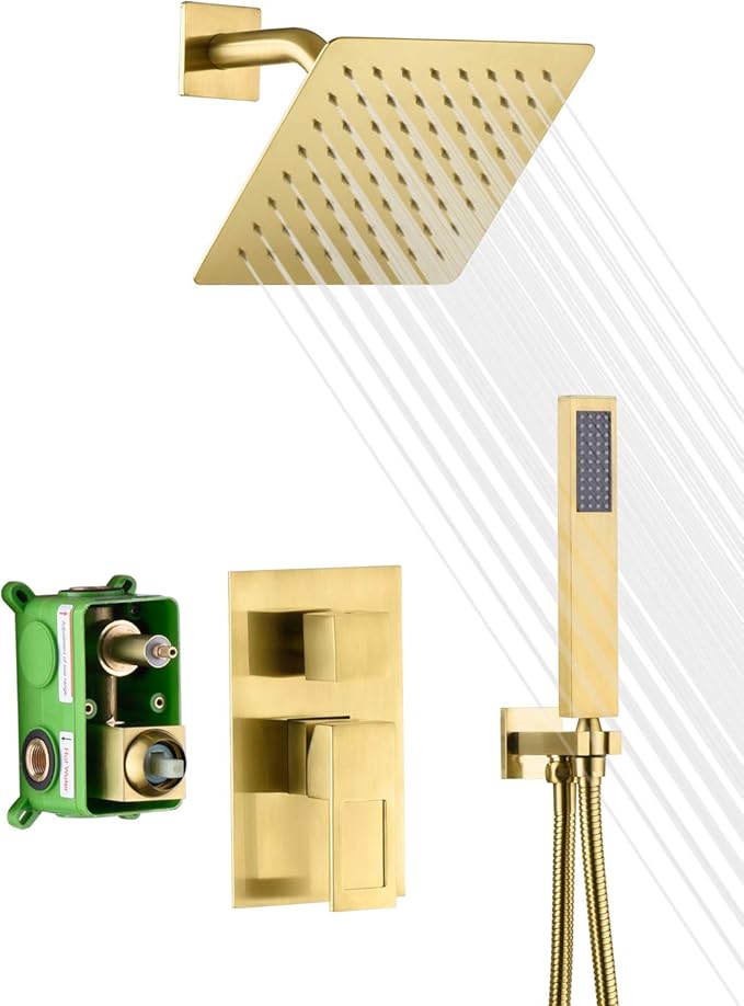 sumerain Rain Shower System Brushed Brass Dual Functions Shower Faucet Complete Set Including 8" Shower Head, Rough-In Valve Body and Trim
