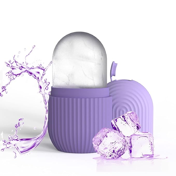 Ice Face Roller, Reusable Silicone Mold Face Massage Eye Facial Beauty Skin Care Tools Apply Ice for Shrink Pores Anti Wrinkle Reduce Puffiness Improve Skin Elasticity, Striped, Purple