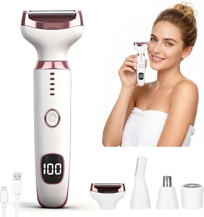 Wet & Dry Electric Razor for Women Men,4 in 1 Rechargeable Led Display Electric Shaver and Facial Hair Remover,Painless Ladies Body Razors for Nose Face Body Leg Bikini Arm Hair