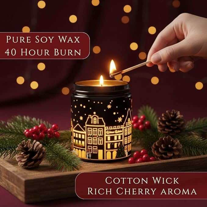 Black Cherry Scented Candle (Black Jar), 40-Hour Burn, Dual Light Glow (Flame + LED Artwork), Soy Wax Blend, Holiday Aromatherapy Gift Candle for Bedroom, Bathroom & Home – 7oz (200g)