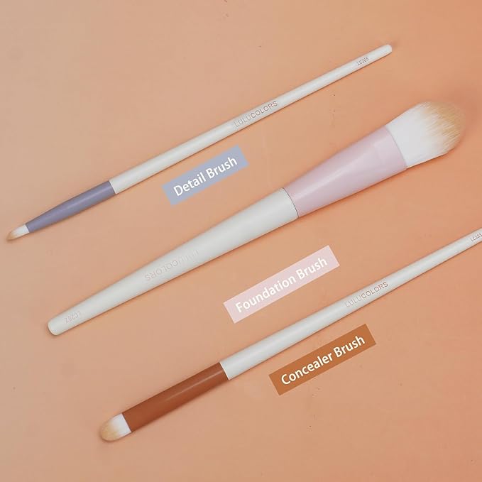 LULUCOLORS Colorful 3-PCS Foundation Brush Set with Latex-Free Makeup Sponge and Travel Pouch-Soft,Cruelty-Free Synthetic Bristles, Brushes for Foundation, Concealer, and Detail Application