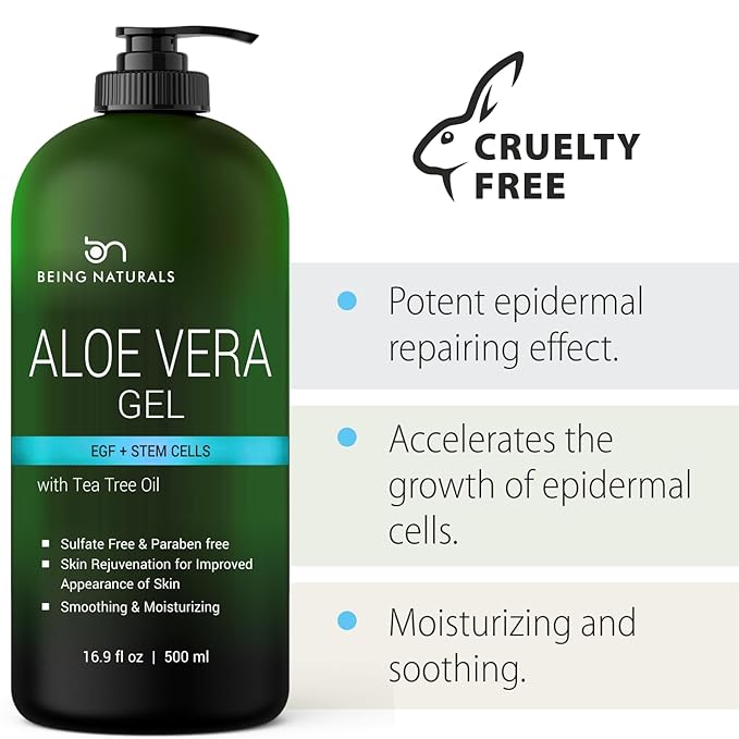 Being Naturals Aloe vera Gel - from 100% Pure Organic Aloe Infused with EGF, Stem Cell, Rosemary Oil - Natural Raw Moisturizer for Face, Body, Hair. Perfect for Sunburn, Acne, Razor Bumps 16.9 fl oz