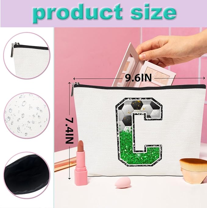 CQM Soccer Gifts Initial Makeup Bag Monogrammed Cosmetic Bag Letter C Zipper Pouch Soccer Accessories for Girls Women Player Coaches Friend Graduation Birthday Gifts