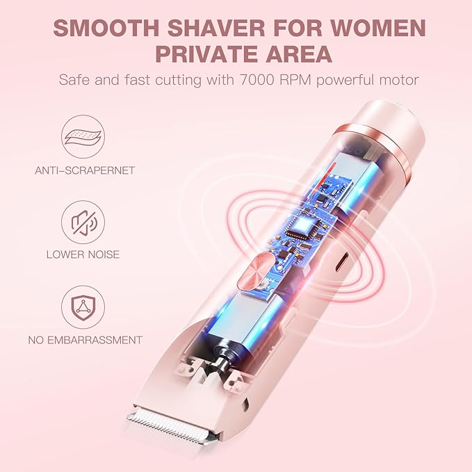 Electric Bikini Trimmer for Women - Gentle Trimming Facial Hair Removal, IPX7 Waterproof, Dual Head, USB Charge, Ceramic Blade, Pink