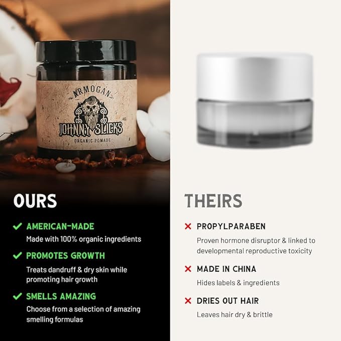 Johnny Slicks Oil Based Pomade | Organic Hair Styling for Men, Low to Medium Hold | Promotes Healthy Hair Growth & Helps Hydrate Dry Skin, (Rugged, 4 Ounce) Veteran Owned, USA Made.