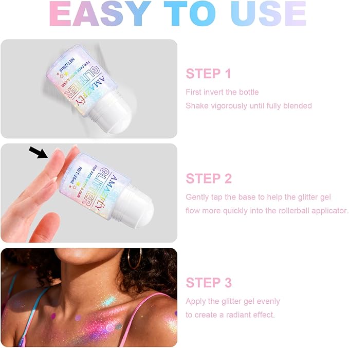 1PC Roll-on Holographic Body Glitter Gel for Body, Hair, Face, Chameleon Color Changing Glitter Gel Under Light, Chunky Mermaid Sequins Festival Party Rave Accessories Shimmer Makeup (Sparkling Pink)