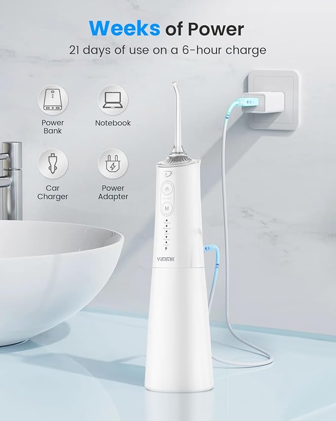 VIMMK Water Flosser, Cordless Water Dental Flosser, 9 Jet Tips 5 Modes 300ML IPX7 Waterproof, Portable Rechargeable Oral Irrigator for Home Travel - Gums, Orthodontic, Braces Care - Black (White)