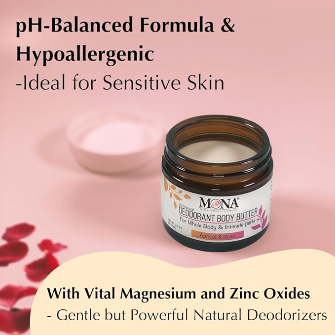 MONA All Natural Deodorant for Whole Body & Intimate Parts | Deodorant Cream for Women, Men & Teens | No Aluminum, Baking Soda or Synthetic Fragrance | (Apricot & Rose, 2.0 Oz (Pack of 1))