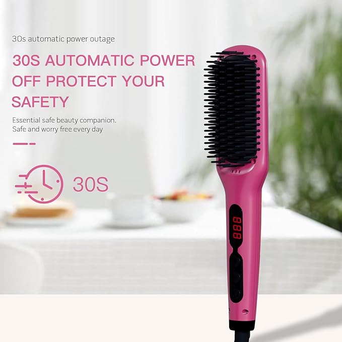 MEGAWISE Pro Ceramic Ionic Hair Straightener Brush, Universal Dual Voltage, Rotatable Power Cord, MCH Fast 20s Heating Tech, Anti-Scald, Auto-Off Safety, Home Salon (Rose Red)