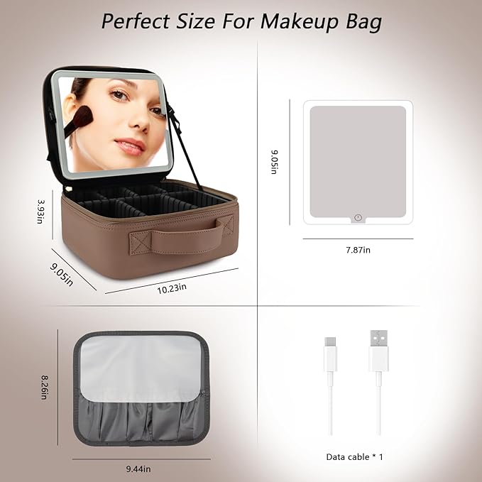 SLUMAZI Travel Makeup Bag with LED Mirror Travel Makeup Organizer with 3 Lighted Settings, Adjustable Dividers and Makeup Brush Storage Bag Mocha