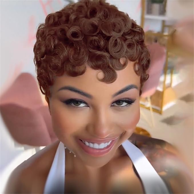 Short Curly Wig Pixie Cut Human Hair for Black Women 4# Chocolate Color Short Wig for Women Human Hair Layered Haircut Summer Glueless Wigs with Bangs Wear and Go Wigs