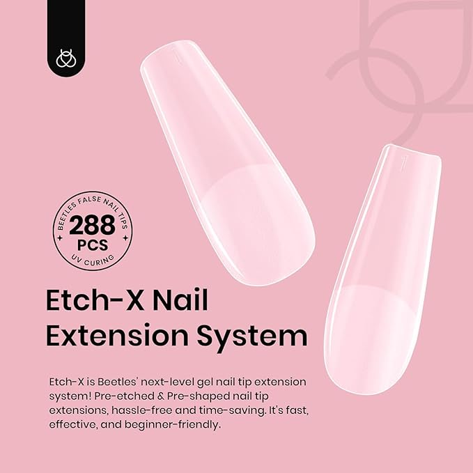 Beetles Gel Nail Tips Etch-X, Square Medium, 288Pcs 12 Sizes, Pre-Etched Half Matte Soft Acrylic False Nail Tips Full Cover Easy DIY Fake Press On Nail Extension Salon Gift for Women