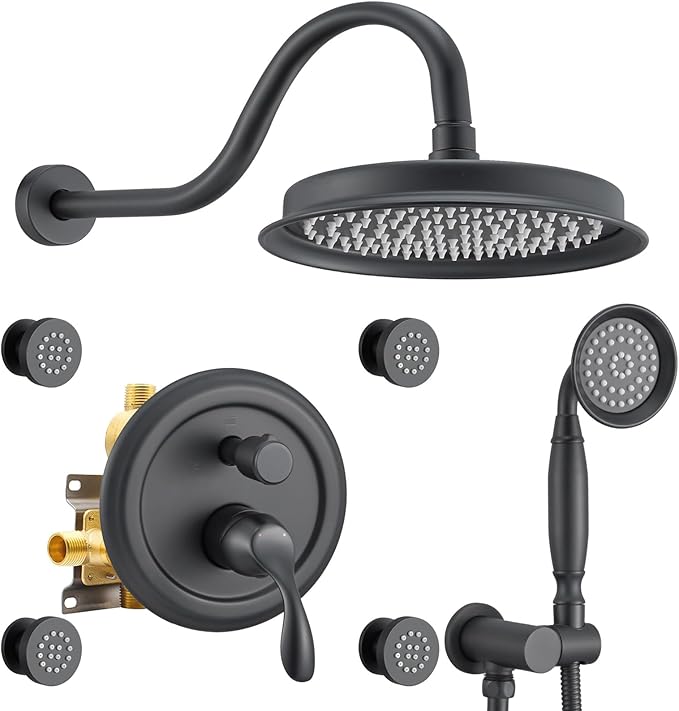 DASAN Antique Shower Faucet Sets Complete Rain Shower System in Wall with Body Shower Spray Jets, Matte Black Shower Fixtures with 9’’ Rainfall Overhead Shower, Handheld, Valve & Trim Kit, AT249W-MB