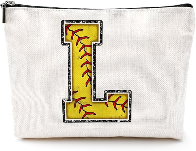 CQM Softball Gifts Initial Makeup Bag Monogrammed Cosmetic Bag Yellow Letter L Zipper Pouch Softball Accessories for Girls Women Player Coaches Friend Graduation Birthday Gifts