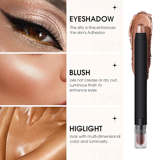 Shimmer Eyeshadow Stick –Rose Gold Dual-Ended Creamy Pearl Eye Shadow Pencil with Built-In Smudger, Waterproof Long-Lasting High Pigment Eye Makeup for Smooth Glide 03#