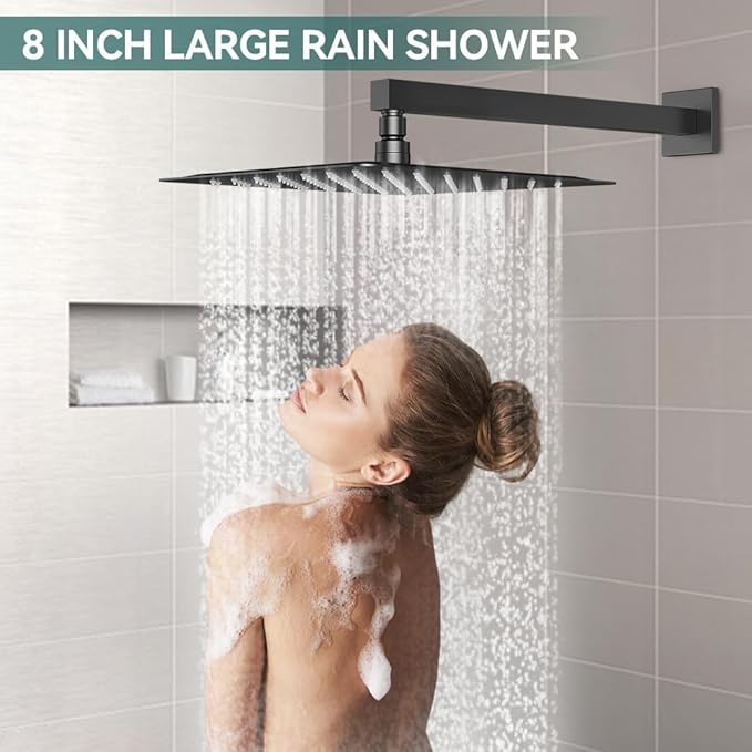 Shower Faucet Set Matte Black Shower System, Starbath 8" Rain Shower Head and Handheld Spray Shower Set Complete Ceiling Mounted,2 Way Pressure Balance Shower Valve and Trim Kit Included
